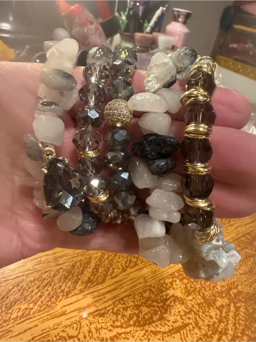 Stacked Smoky Crystal & White Stone Stretch Bracelet Set